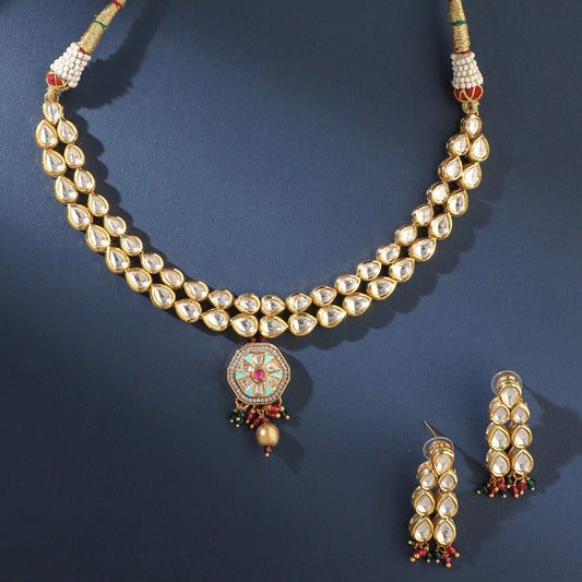 Kundan Necklace With Meena Pendant